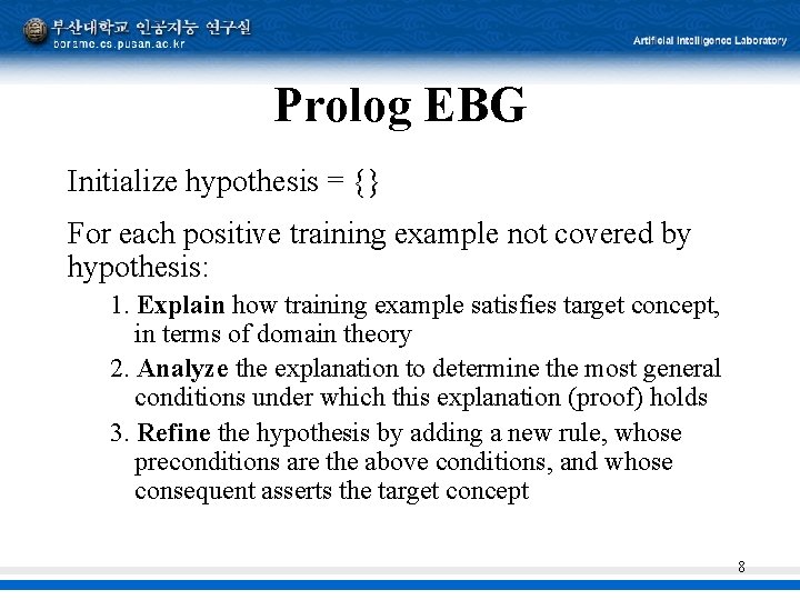 Prolog EBG Initialize hypothesis = {} For each positive training example not covered by