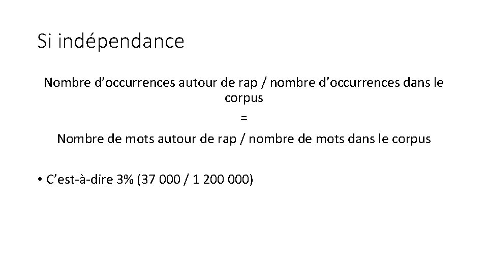 Si indépendance Nombre d’occurrences autour de rap / nombre d’occurrences dans le corpus =