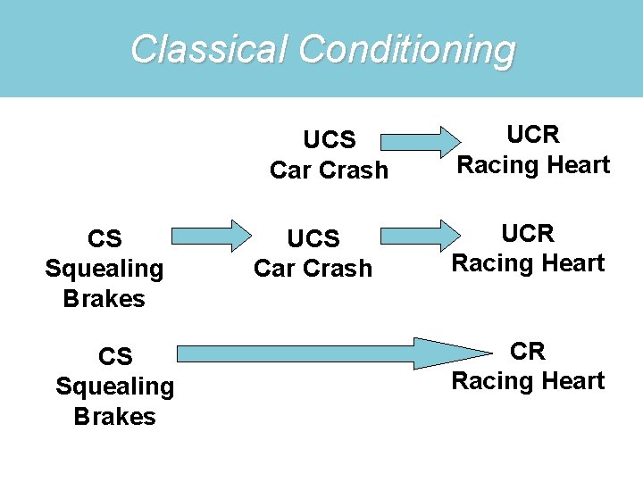 Classical Conditioning UCS Car Crash CS Squealing Brakes UCS Car Crash UCR Racing Heart