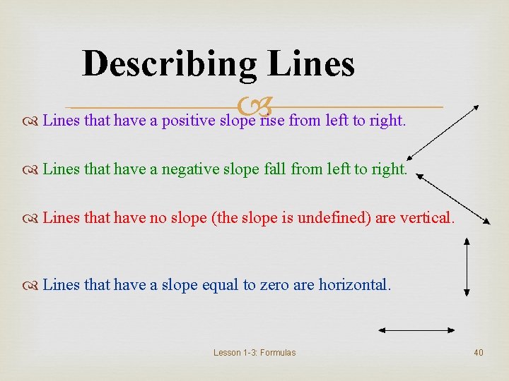 Describing Lines rise from left to right. Lines that have a positive slope Lines