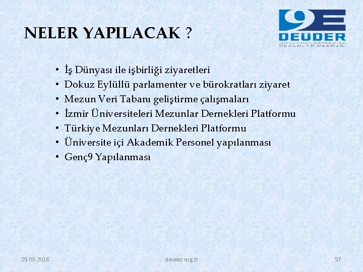 NELER YAPILACAK ? • • 05. 09. 2016 İş Dünyası ile işbirliği ziyaretleri Dokuz