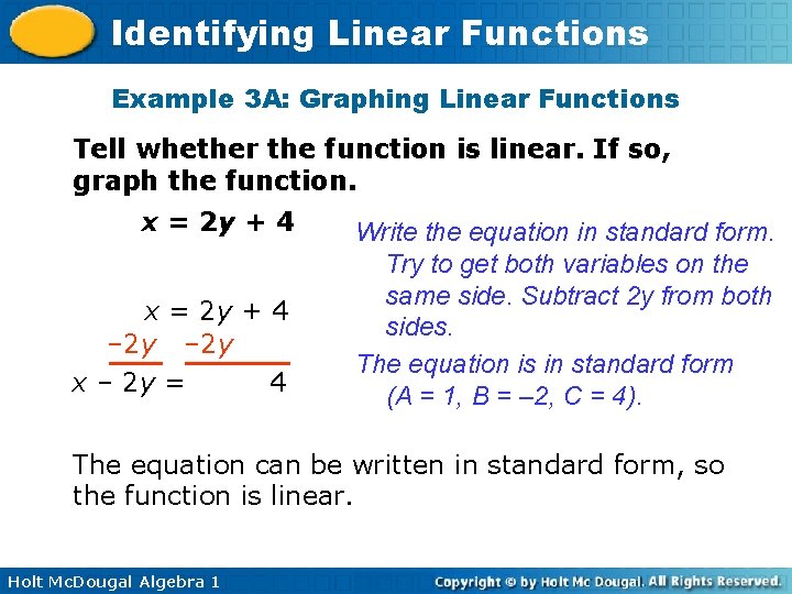 Identifying Linear Functions Example 3 A: Graphing Linear Functions Tell whether the function is