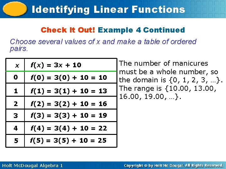 Identifying Linear Functions Check It Out! Example 4 Continued Choose several values of x