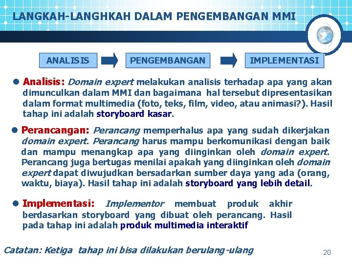 LANGKAH-LANGHKAH DALAM PENGEMBANGAN MMI ANALISIS PENGEMBANGAN IMPLEMENTASI l Analisis: Domain expert melakukan analisis terhadap