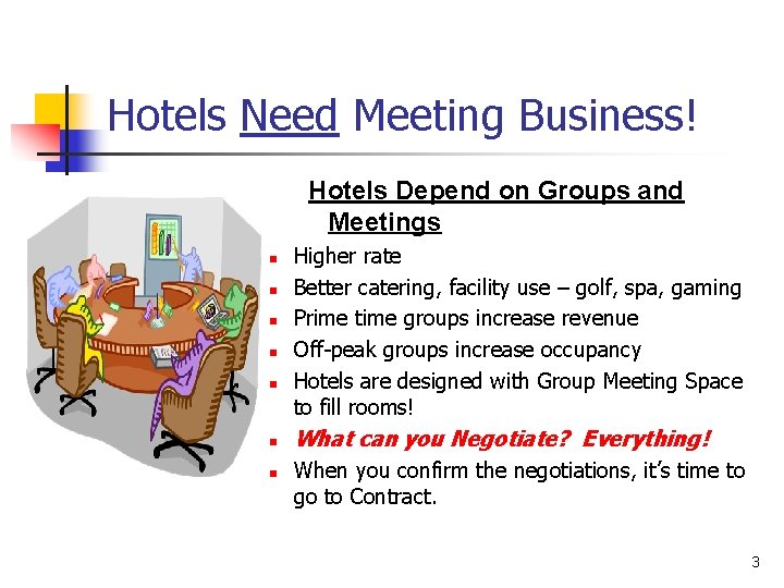 Hotels Need Meeting Business! Hotels Depend on Groups and Meetings n n n n