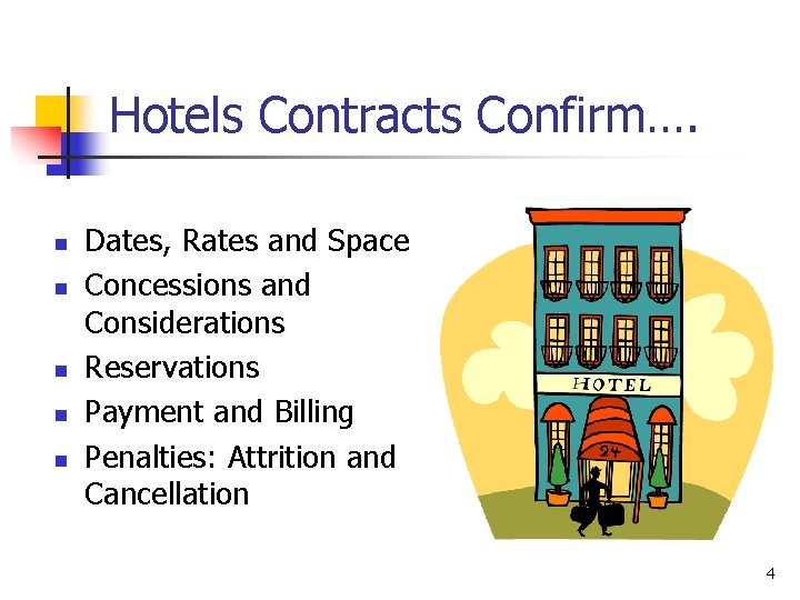 Hotels Contracts Confirm…. n n n Dates, Rates and Space Concessions and Considerations Reservations