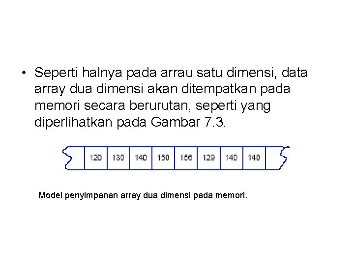  • Seperti halnya pada arrau satu dimensi, data array dua dimensi akan ditempatkan