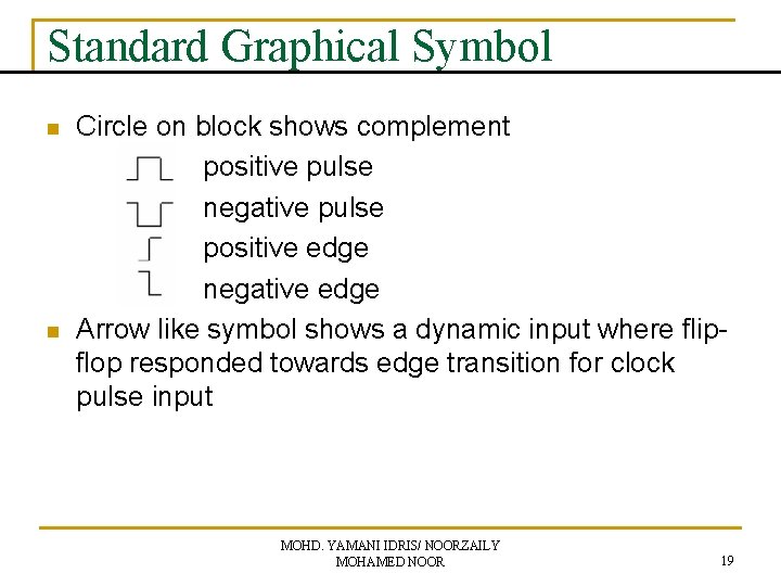 Standard Graphical Symbol n n Circle on block shows complement positive pulse negative pulse