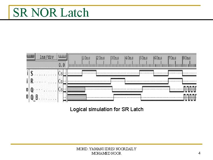 SR NOR Latch Logical simulation for SR Latch MOHD. YAMANI IDRIS/ NOORZAILY MOHAMED NOOR