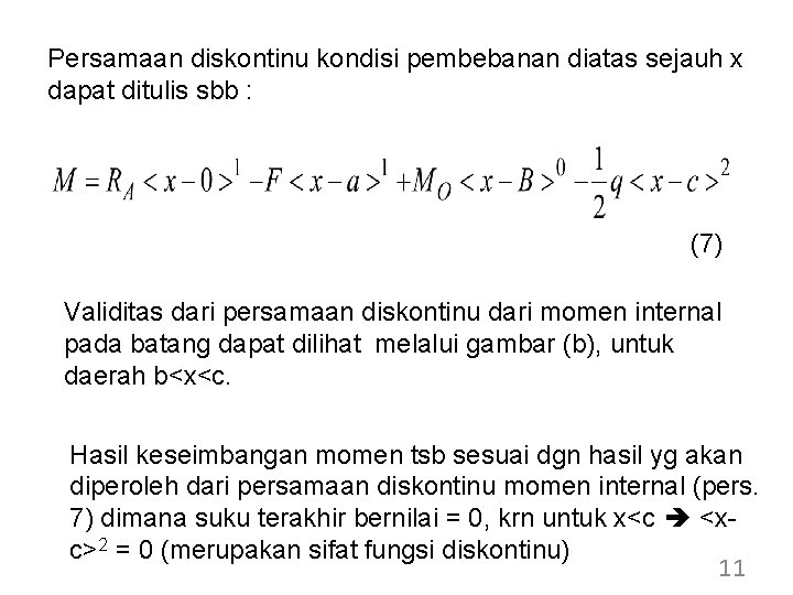 Persamaan diskontinu kondisi pembebanan diatas sejauh x dapat ditulis sbb : (7) Validitas dari