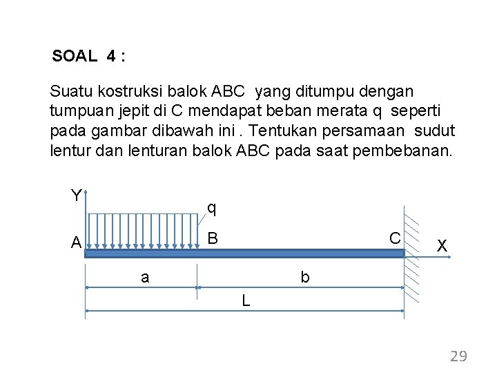 SOAL 4 : Suatu kostruksi balok ABC yang ditumpu dengan tumpuan jepit di C