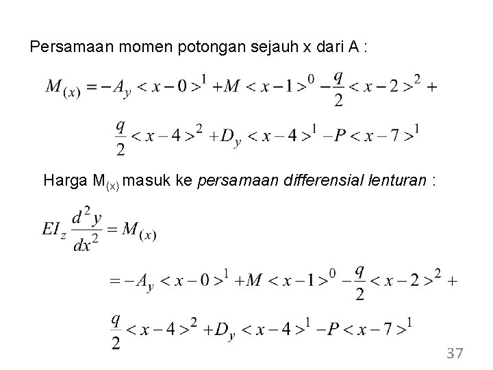 Persamaan momen potongan sejauh x dari A : Harga M(x) masuk ke persamaan differensial Persamaan momen potongan sejauh x dari A : Harga M(x) masuk ke persamaan differensial