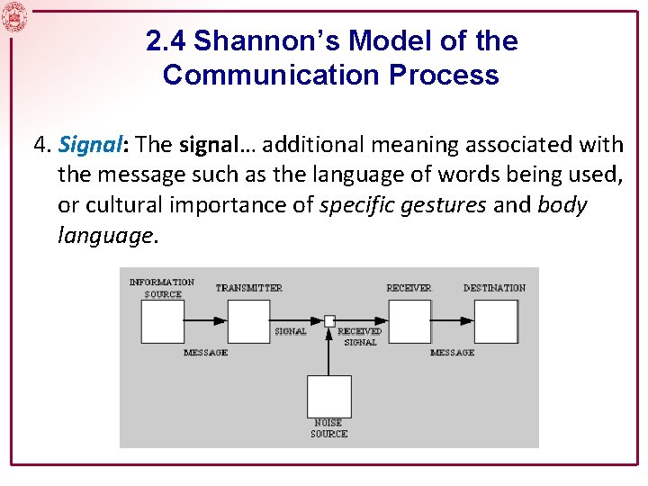 2. 4 Shannon’s Model of the Communication Process 4. Signal: The signal… additional meaning