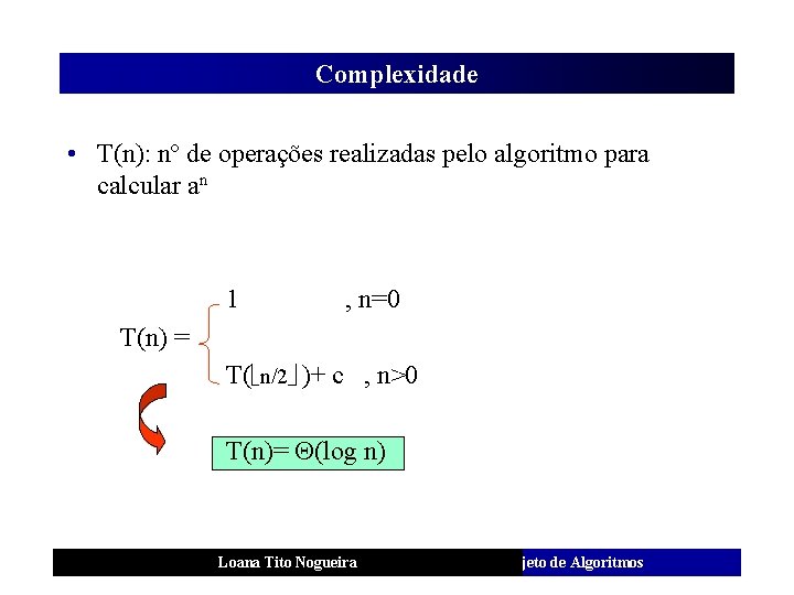 Complexidade • T(n): nº de operações realizadas pelo algoritmo para calcular an 1 ,