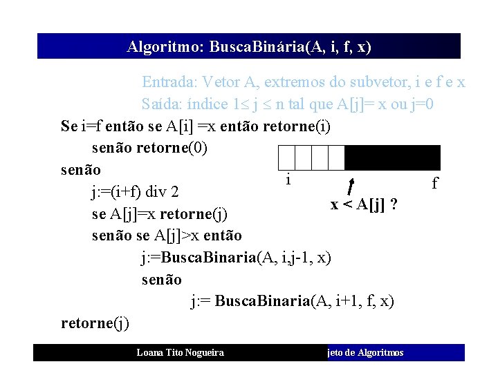 Algoritmo: Busca. Binária(A, i, f, x) Entrada: Vetor A, extremos do subvetor, i e