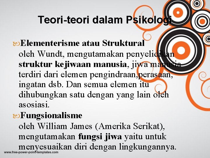 Teori-teori dalam Psikologi Elementerisme atau Struktural oleh Wundt, mengutamakan penyelidikan struktur kejiwaan manusia, jiwa