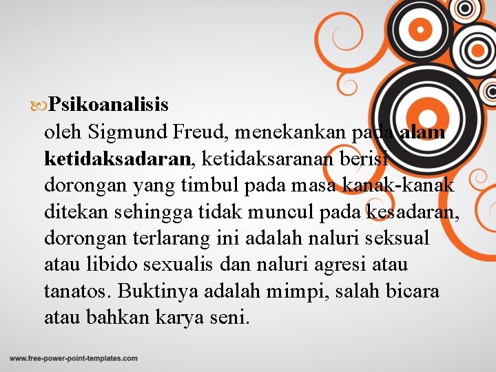  Psikoanalisis oleh Sigmund Freud, menekankan pada alam ketidaksadaran, ketidaksaranan berisi dorongan yang timbul