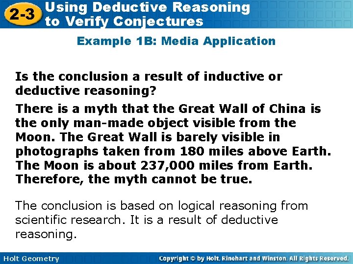 Using Deductive Reasoning 2 -3 to Verify Conjectures Example 1 B: Media Application Is Using Deductive Reasoning 2 -3 to Verify Conjectures Example 1 B: Media Application Is