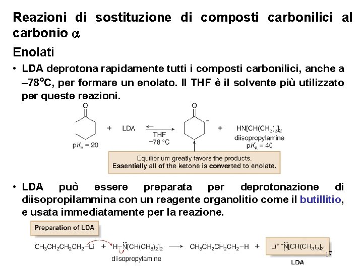 Reazioni di sostituzione di composti carbonilici al carbonio Enolati • LDA deprotona rapidamente tutti