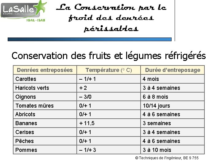Conservation des fruits et légumes réfrigérés Denrées entreposées Température (o C) Durée d’entreposage Carottes