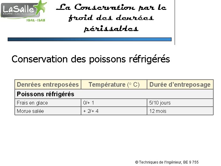 Conservation des poissons réfrigérés Denrées entreposées Température (o C) Durée d’entreposage Poissons réfrigérés Frais
