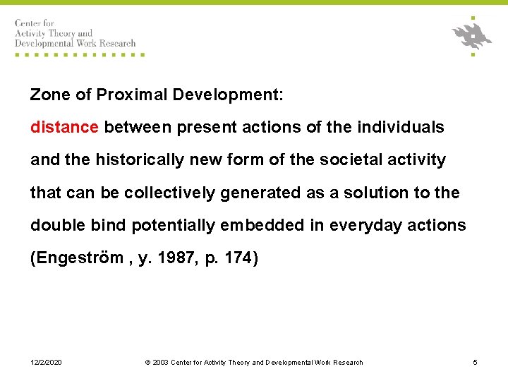 Zone of Proximal Development: distance between present actions of the individuals and the historically