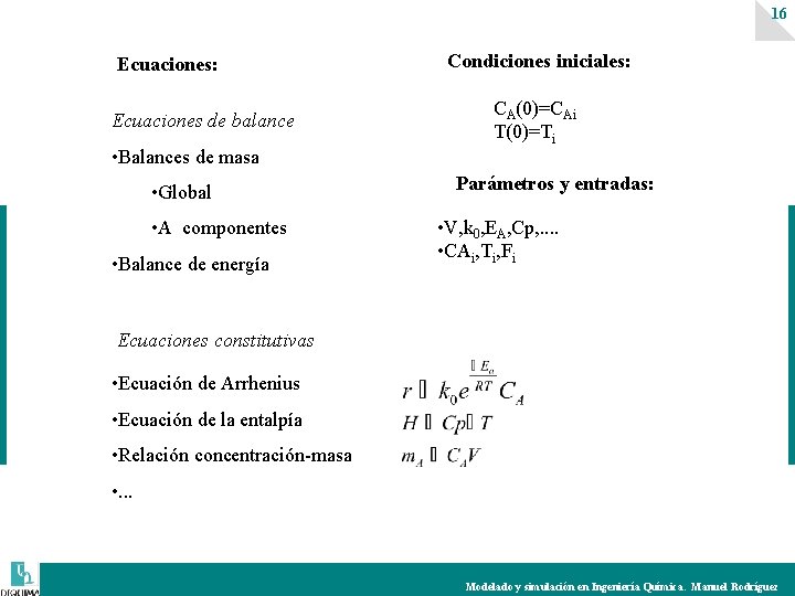 16 Ecuaciones: Ecuaciones de balance • Balances de masa • Global • A componentes