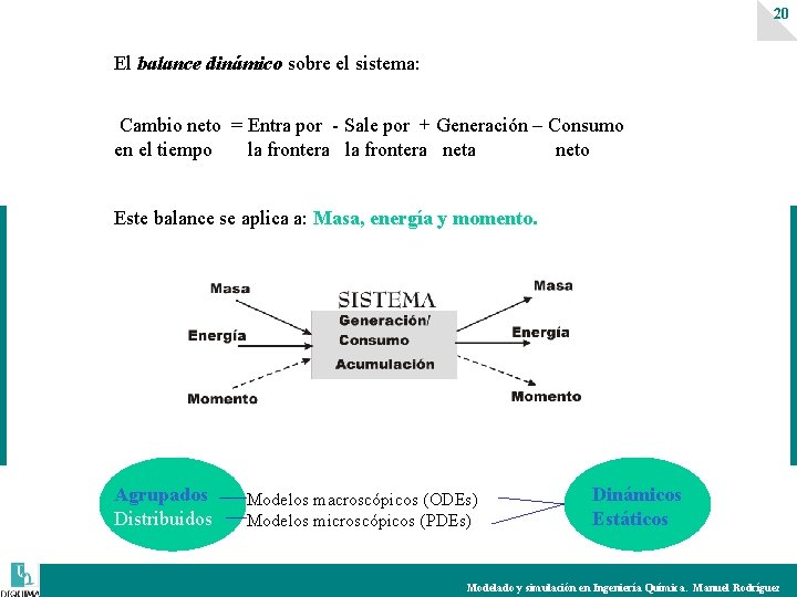 20 El balance dinámico sobre el sistema: Cambio neto = Entra por - Sale