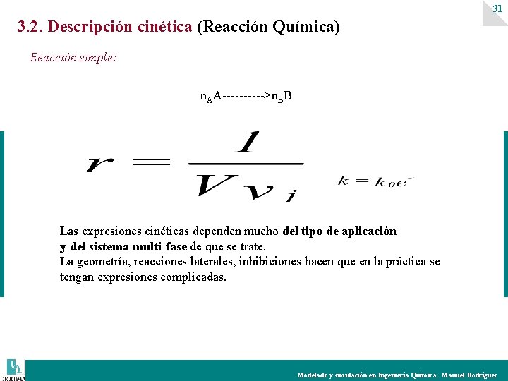 31 3. 2. Descripción cinética (Reacción Química) Reacción simple: n. AA----->n. BB Las expresiones