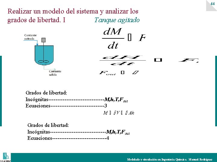 44 Realizar un modelo del sistema y analizar los grados de libertad. I Tanque