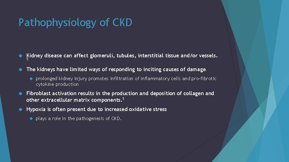 Pathophysiology of CKD Kidney disease can affect glomeruli, tubules, interstitial tissue and/or vessels. The