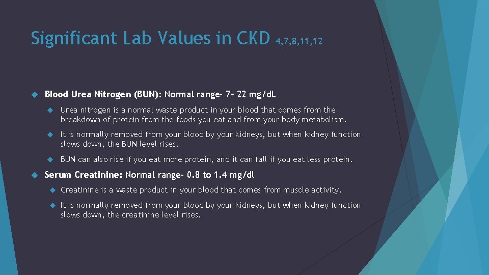 Significant Lab Values in CKD 4, 7, 8, 11, 12 Blood Urea Nitrogen (BUN):
