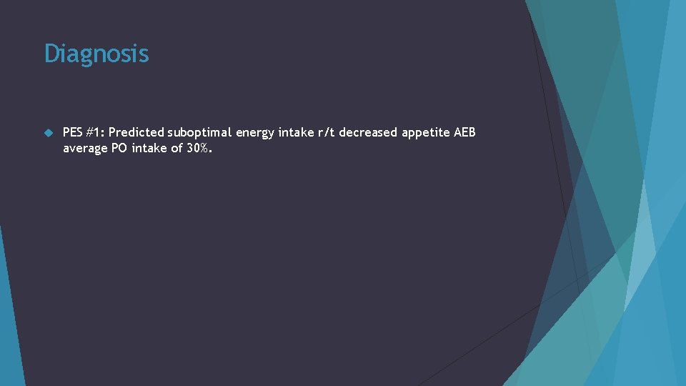 Diagnosis PES #1: Predicted suboptimal energy intake r/t decreased appetite AEB average PO intake