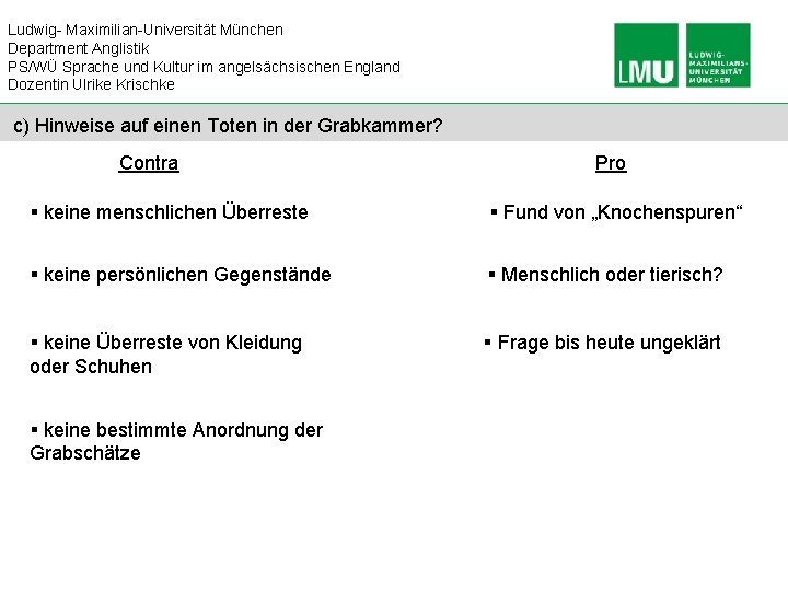 Ludwig- Maximilian-Universität München Department Anglistik PS/WÜ Sprache und Kultur im angelsächsischen England Dozentin Ulrike