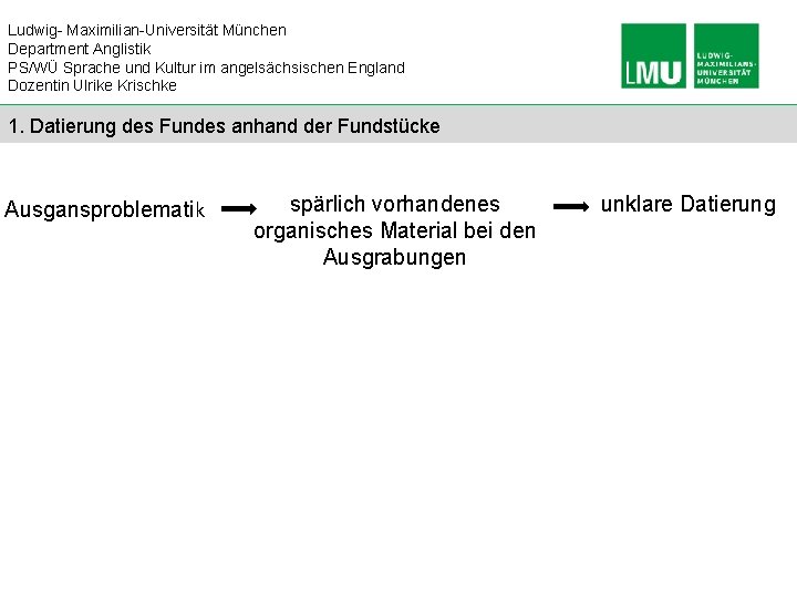 Ludwig- Maximilian-Universität München Department Anglistik PS/WÜ Sprache und Kultur im angelsächsischen England Dozentin Ulrike