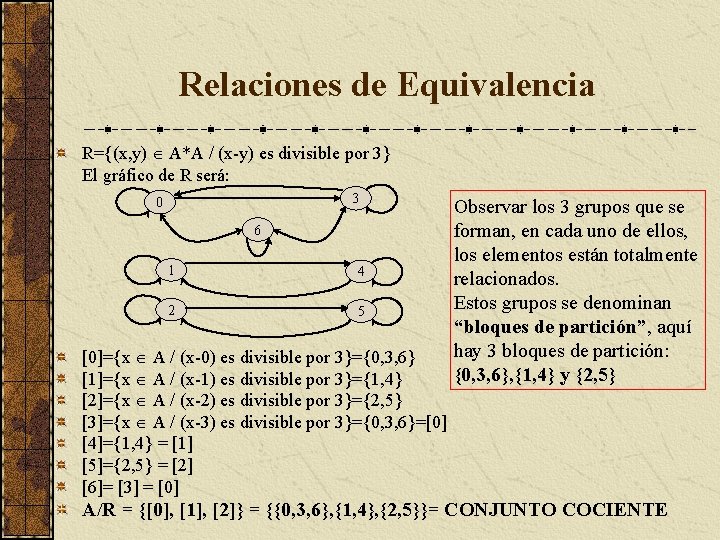 Relaciones de Equivalencia R={(x, y) A*A / (x-y) es divisible por 3} El gráfico