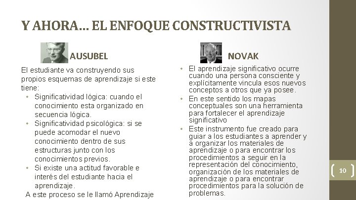 Y AHORA… EL ENFOQUE CONSTRUCTIVISTA AUSUBEL NOVAK El estudiante va construyendo sus propios esquemas