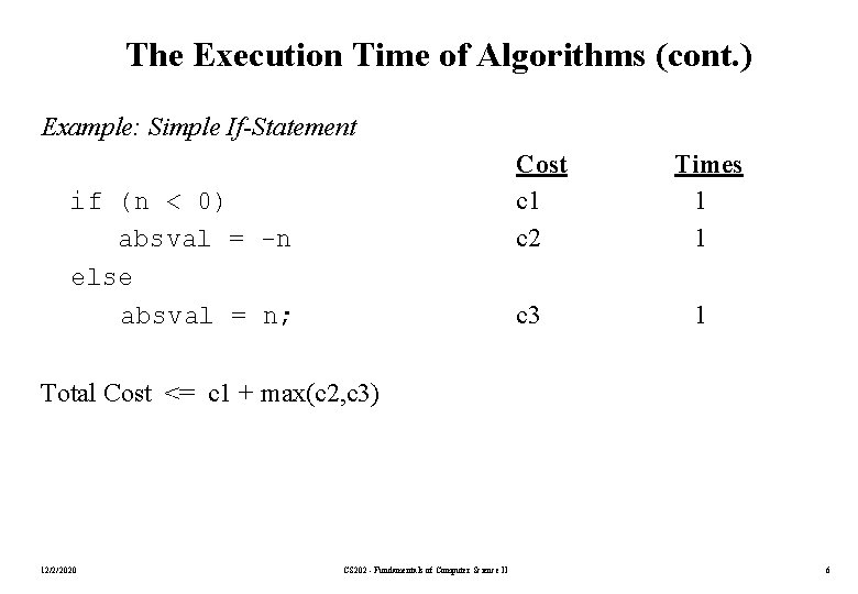 The Execution Time of Algorithms (cont. ) Example: Simple If-Statement if (n < 0)