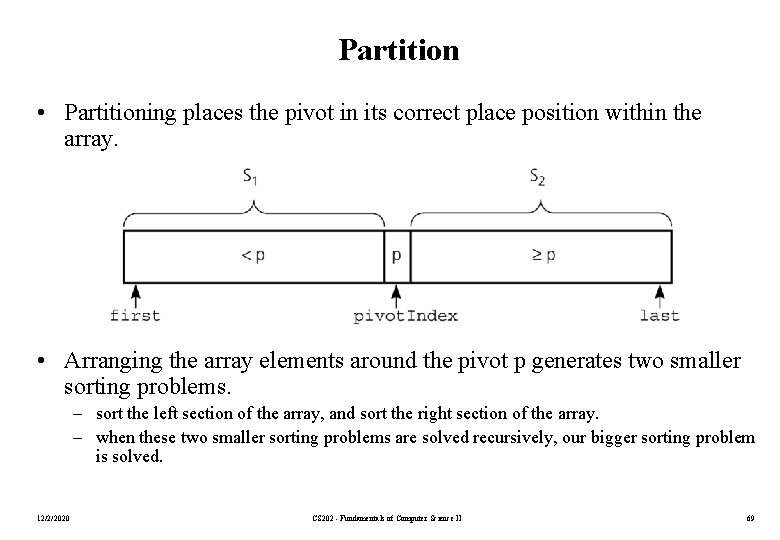 Partition • Partitioning places the pivot in its correct place position within the array.