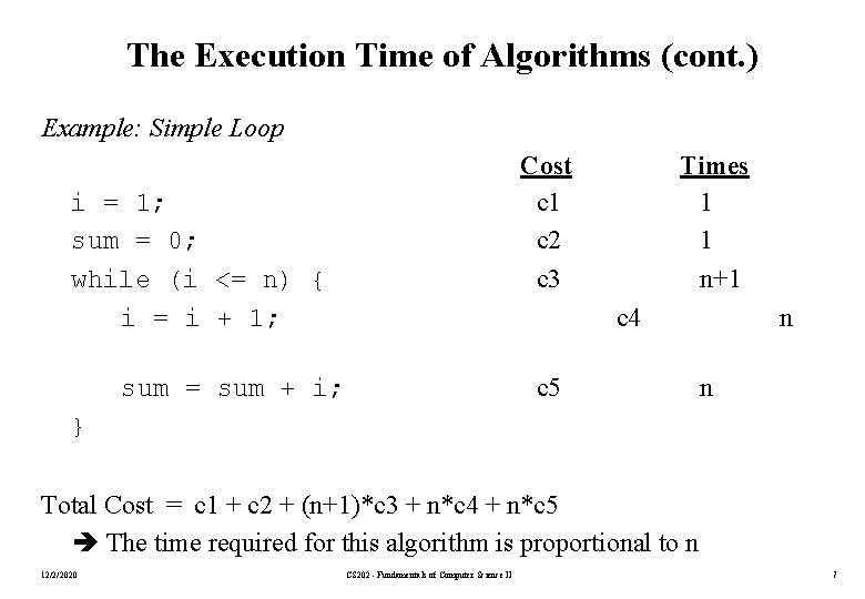 The Execution Time of Algorithms (cont. ) Example: Simple Loop Cost c 1 c