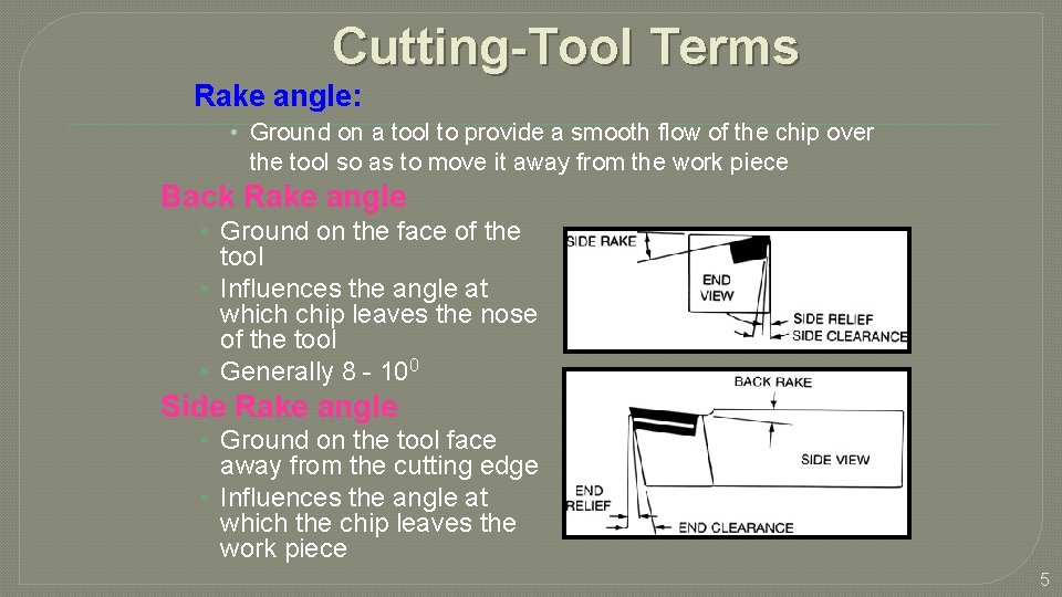 Cutting-Tool Terms Rake angle: • Ground on a tool to provide a smooth flow