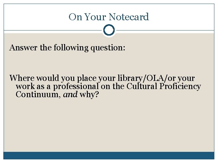 On Your Notecard Answer the following question: Where would you place your library/OLA/or your