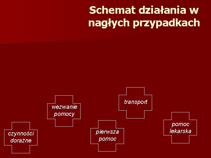 Schemat działania w nagłych przypadkach transport wezwanie pomocy czynności doraźne pierwsza pomoc lekarska 