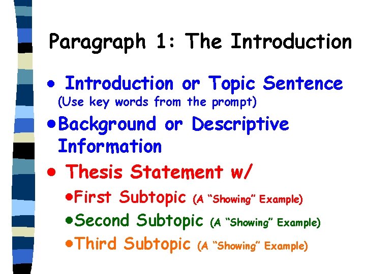 Paragraph 1: The Introduction · Introduction or Topic Sentence (Use key words from the