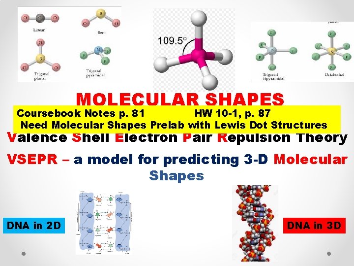 MOLECULAR SHAPES Coursebook Notes p. 81 HW 10 -1, p. 87 Need Molecular Shapes