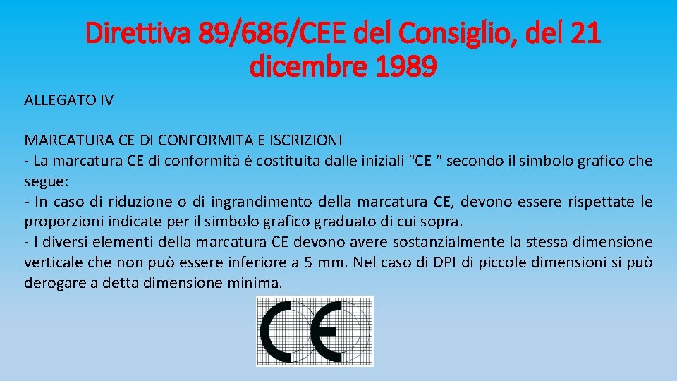 Direttiva 89/686/CEE del Consiglio, del 21 dicembre 1989 ALLEGATO IV MARCATURA CE DI CONFORMITA