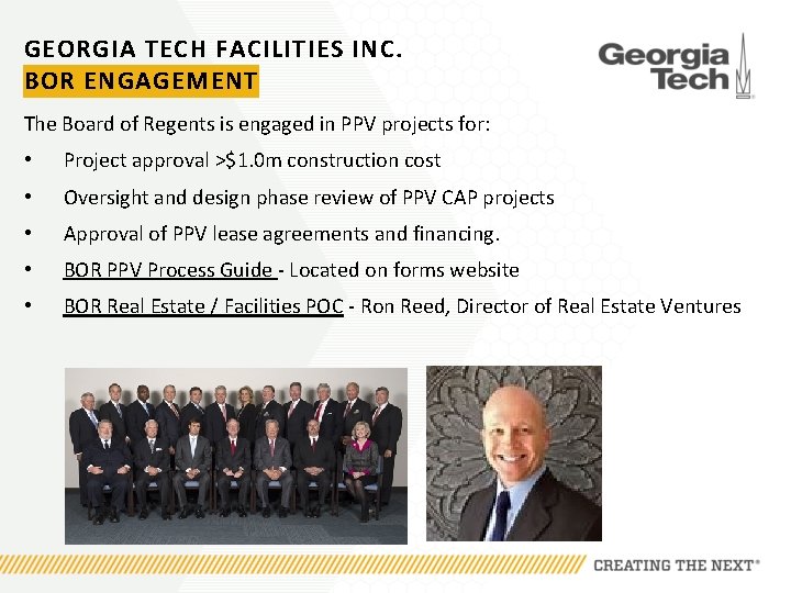 GEORGIA TECH FACILITIES INC. BOR ENGAGEMENT The Board of Regents is engaged in PPV