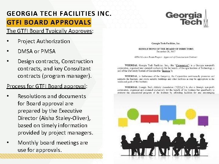 GEORGIA TECH FACILITIES INC. GTFI BOARD APPROVALS The GTFI Board Typically Approves: • Project