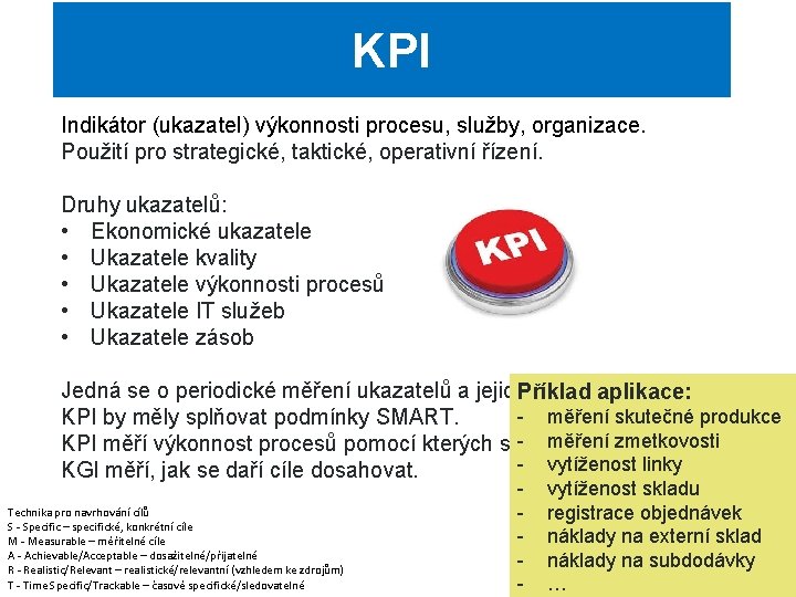 KPI Indikátor (ukazatel) výkonnosti procesu, služby, organizace. Použití pro strategické, taktické, operativní řízení. Druhy