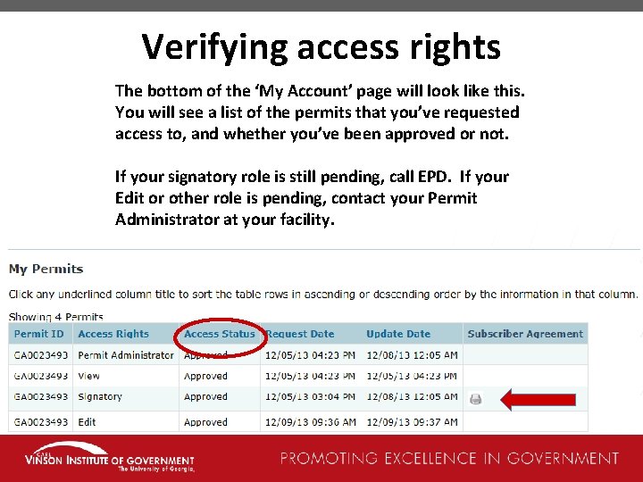 Verifying access rights The bottom of the ‘My Account’ page will look like this.
